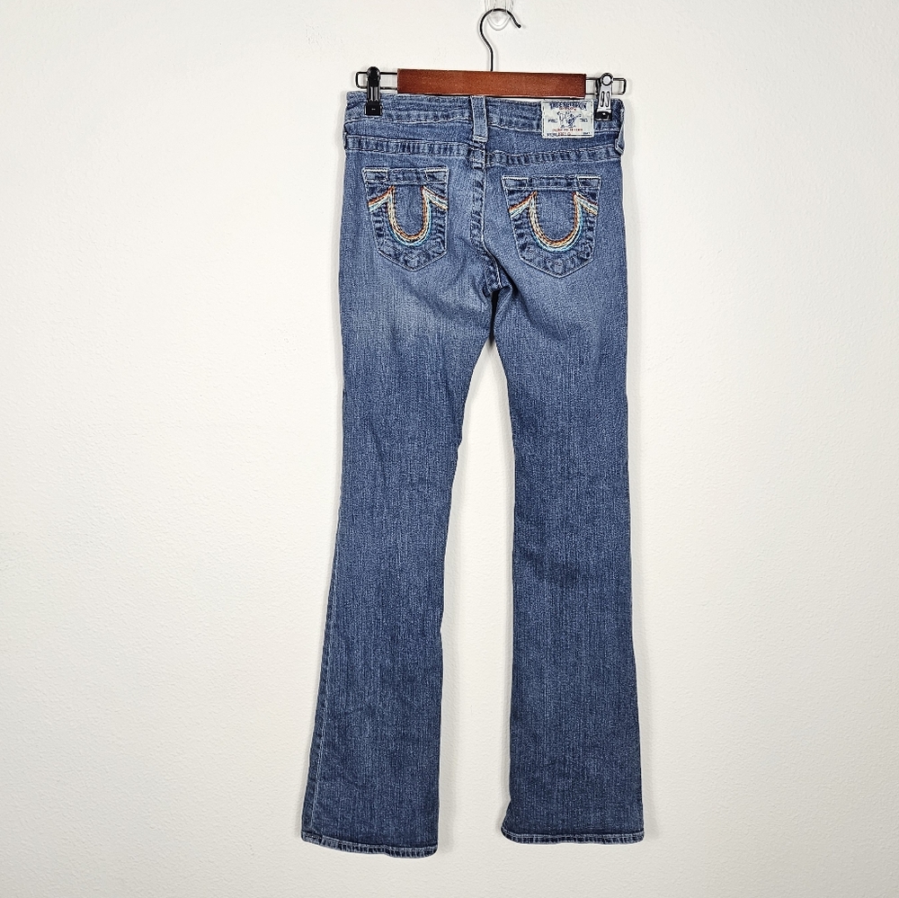 True Religion Boot Cut Jeans Rainbow Stitching Size 26 Made In USA Y2K Low Rise - Picture 3 of 14